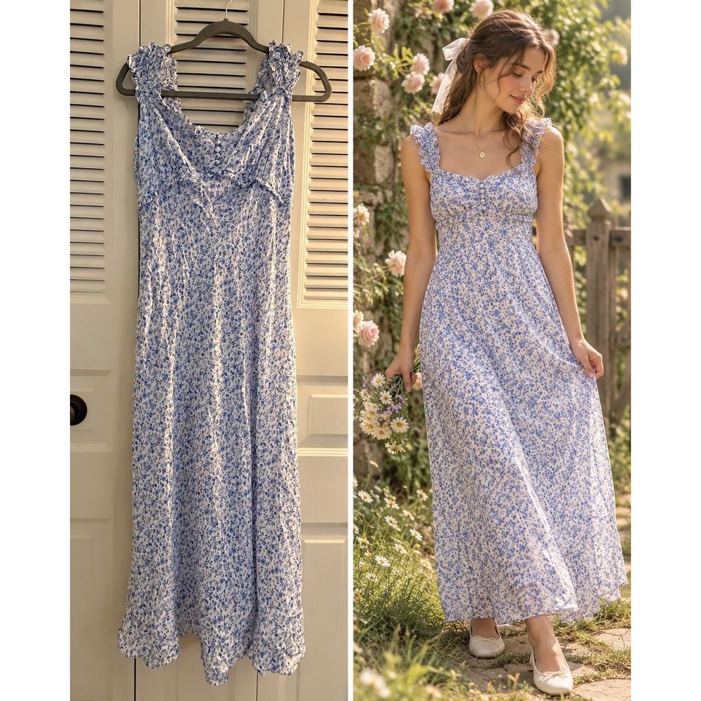 Maxi Babydoll Ditsy Floral Dress S Cottage Core Fairy Prairie Preppy Coquette